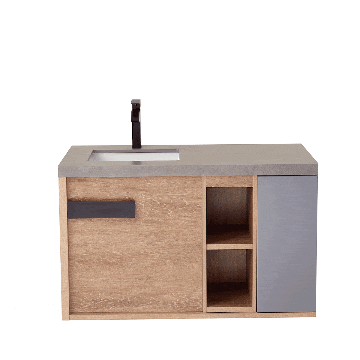Vinnova Carcastillo Wall Mount Single Sink Vanity in North American Oak with Grey Sintered Stone Top 7032-NO-WK 360 Degrees
