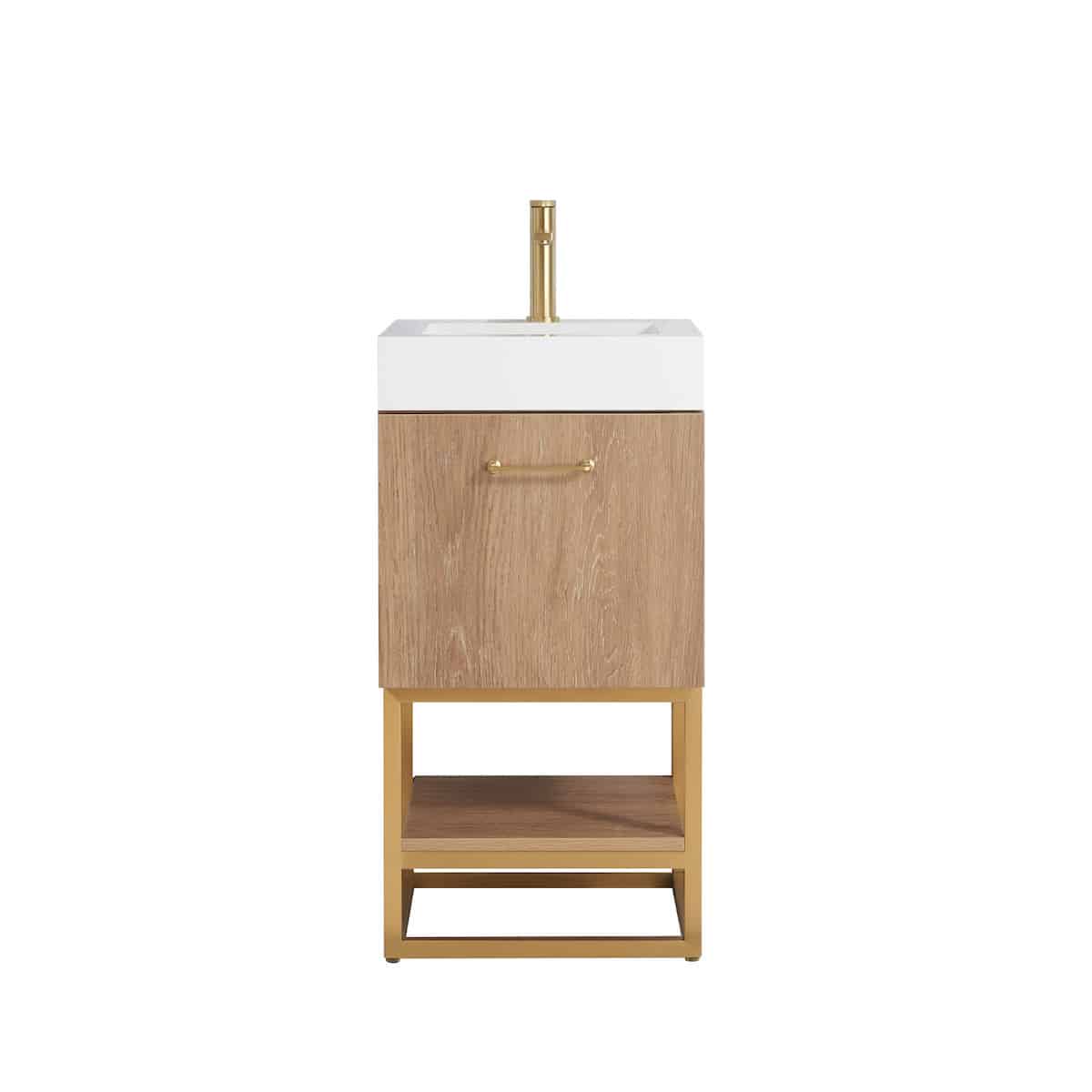 Vinnova Alistair 18 Inch Freestanding Single Sink Bath Vanity in North American Oak Finish and Brushed Gold Frame with Whole Artificial Stone Basin Top Without Mirror 789018-NO-WH-NM