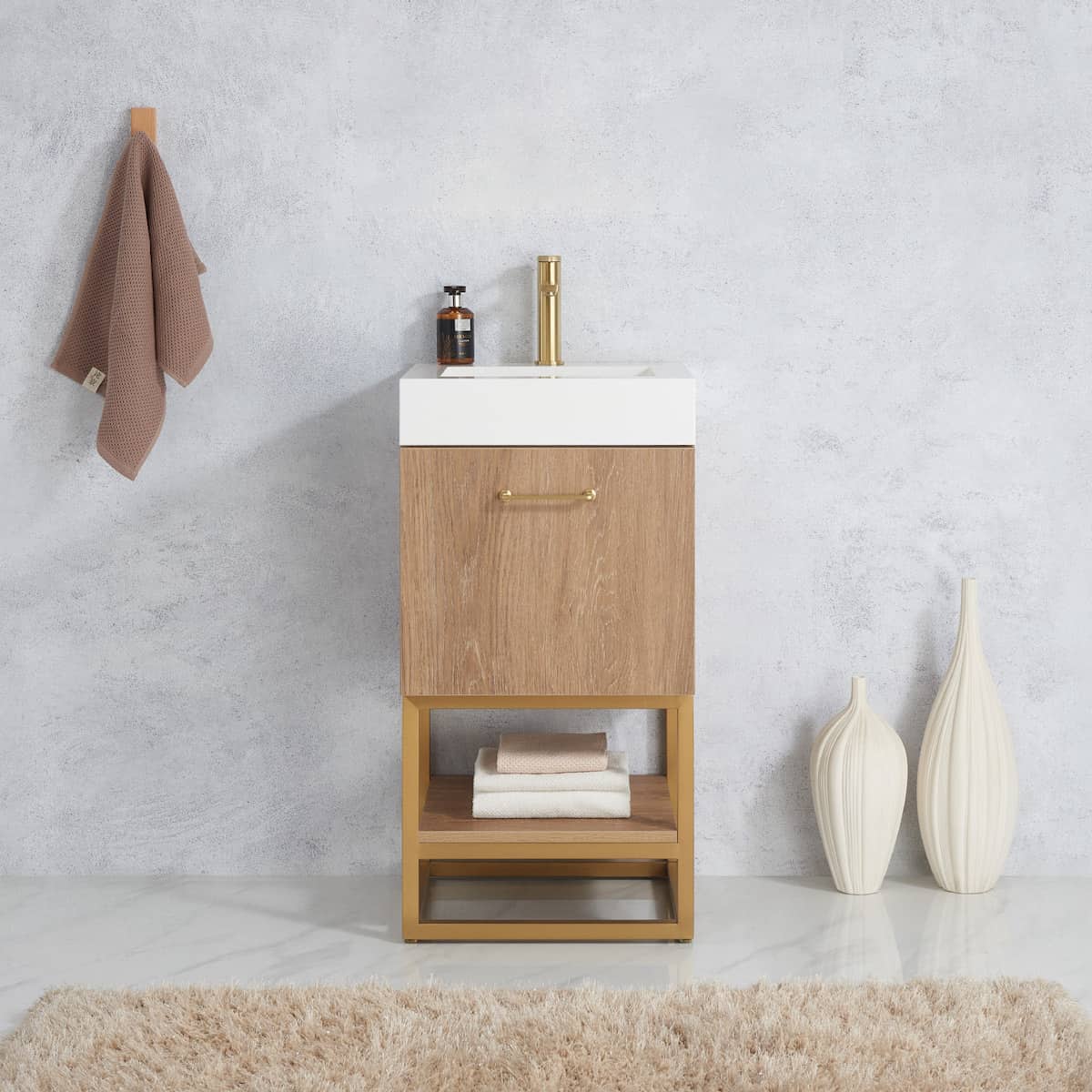Vinnova Alistair 18 Inch Freestanding Single Sink Bath Vanity in North American Oak Finish and Brushed Gold Frame with Whole Artificial Stone Basin Top Without Mirror in Bathroom 789018-NO-WH-NM