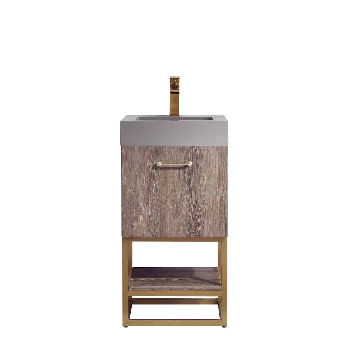 Vinnova Alistair 18 Inch Freestanding Single Sink Bath Vanity in North Carolina Oak and Brushed Gold Frame with Grey Composite Integral Square Sink Top Without Mirror 789018-NC-GR-NM