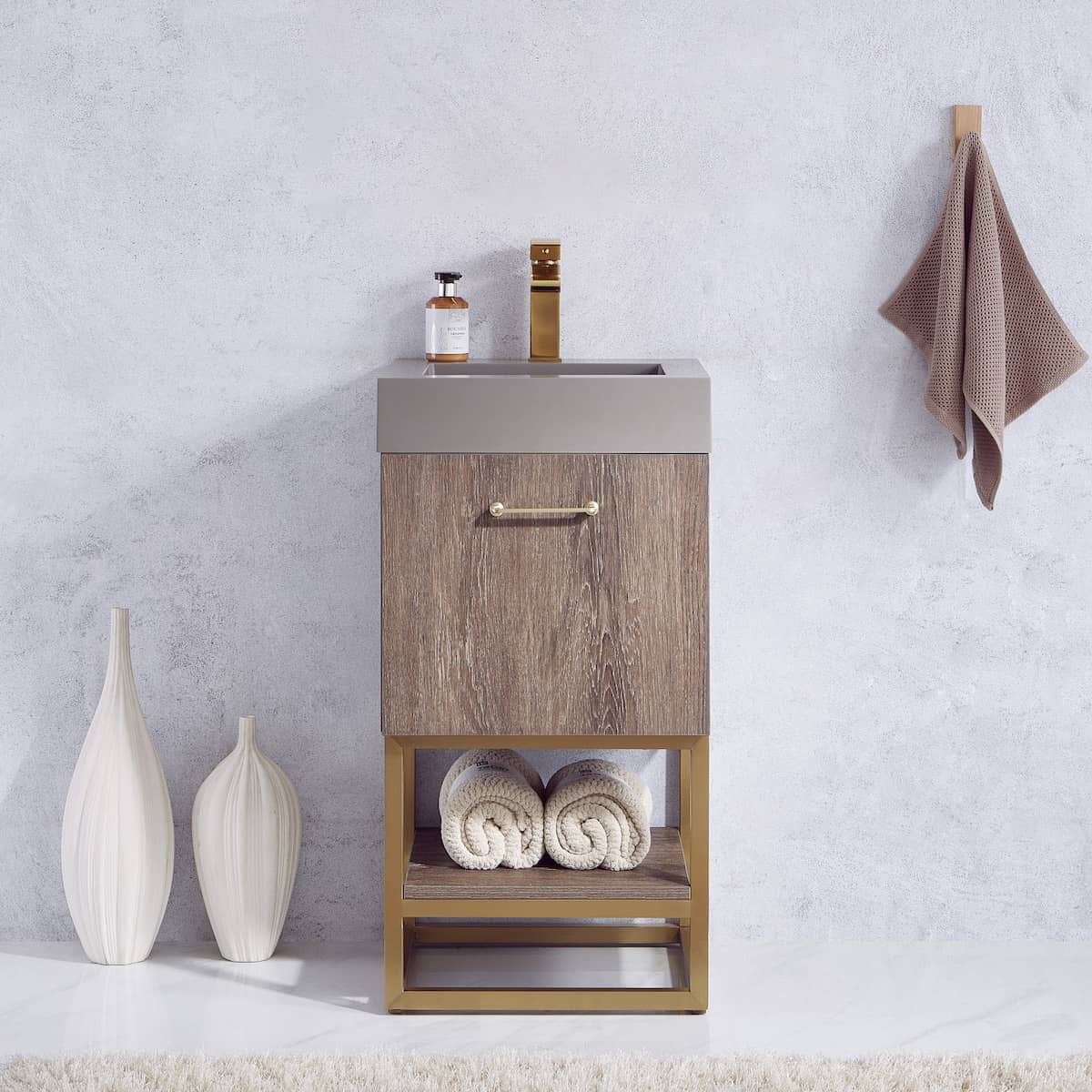Vinnova Alistair 18 Inch Freestanding Single Sink Bath Vanity in North Carolina Oak and Brushed Gold Frame with Grey Composite Integral Square Sink Top Without Mirror in Bathroom 789018-NC-GR-NM