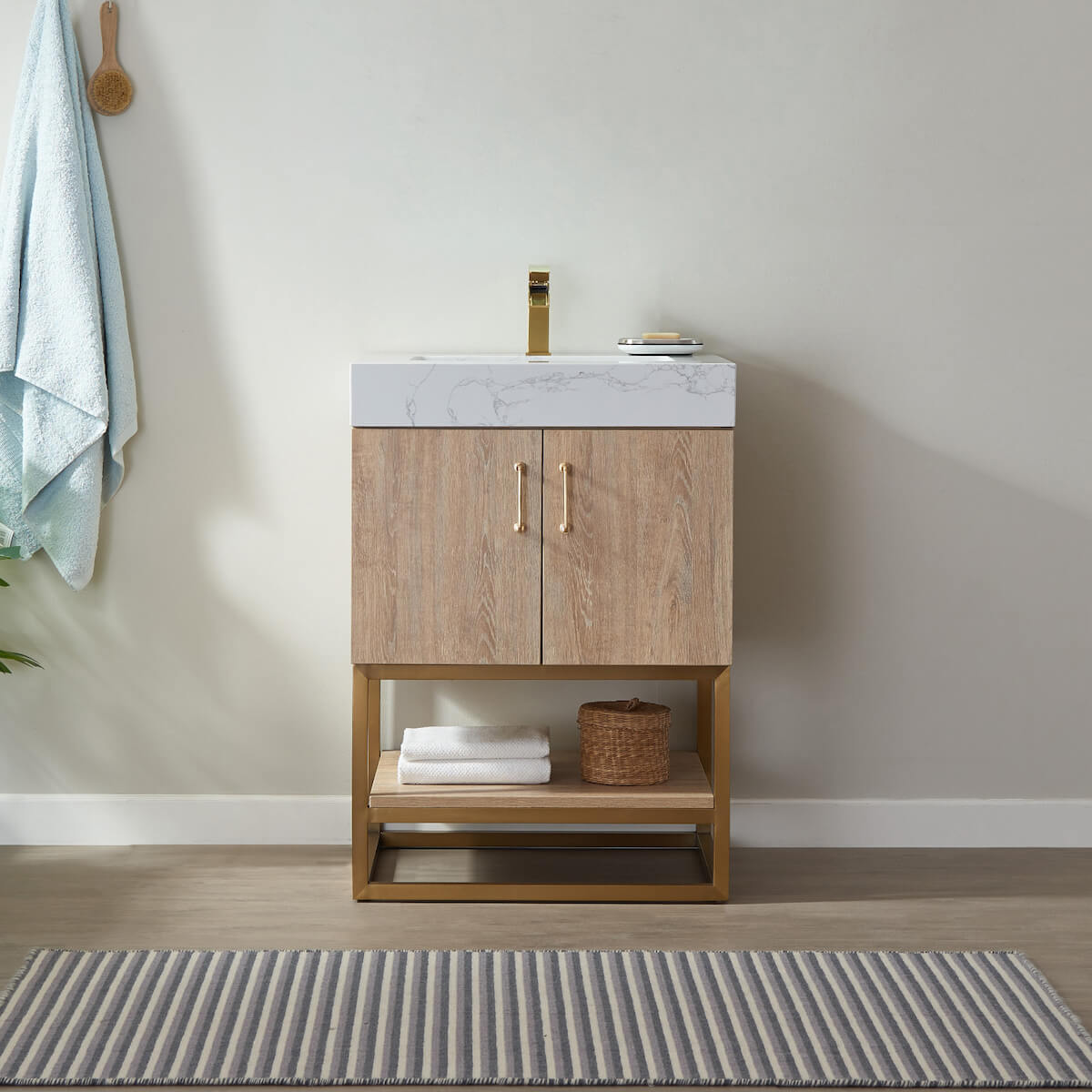 Vinnova Alistair 24 Inch Freestanding Single Vanity in North American Oak and Brushed Gold Frame with White Grain Stone Countertop Without Mirror in Bathroom 789024-NO-GW-NM