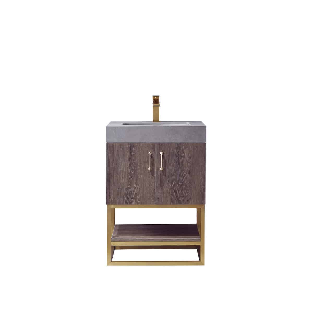 Vinnova Alistair 24 Inch Freestanding Single Vanity in North Carolina Oak and Brushed Gold Frame with  Grey Sintered Stone Top without Mirror 789024-NC-WK-NM