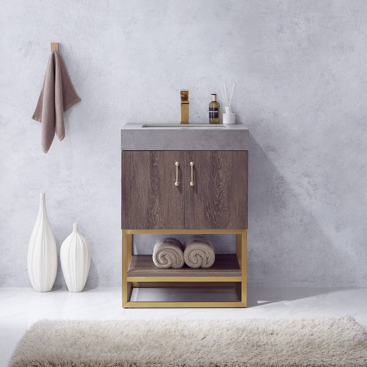 Vinnova Alistair 24 Inch Freestanding Single Vanity in North Carolina Oak and Brushed Gold Frame with  Grey Sintered Stone Top without Mirror in Bathroom 789024-NC-WK-NM