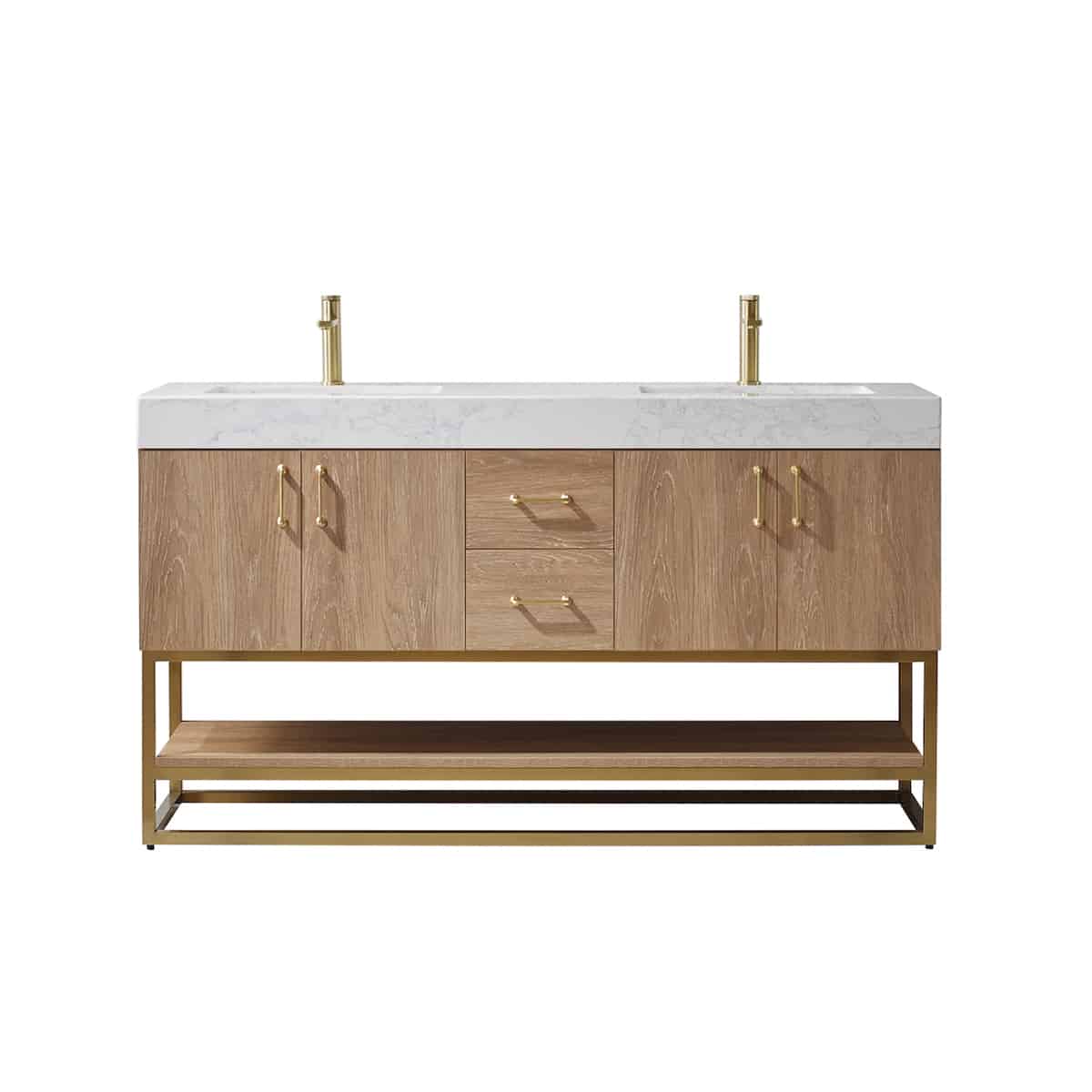 Vinnova Alistair 60 Inch Freestanding Double Vanity in North American Oak and Brushed Gold Frame with White Grain Stone Countertop Without Mirror 789060-NO-GW-NM