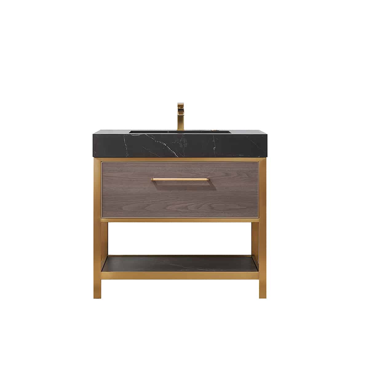 Vinnova Segovia 36 Inch Freestanding Single Sink Bath Vanity in Suleiman Oak with Black Sintered Stone Top Without Mirror 702036-SO-SL-NM