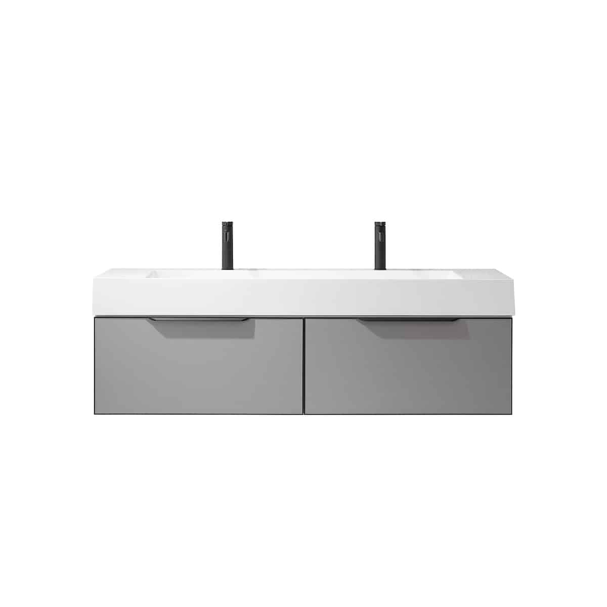 Vinnova Vegadeo 60 Inch Wall Mount Double Sink Bath Vanity in Elegant Grey Finish with White One-Piece Composite Stone Sink Top Without Mirror 703460-MG-WH-NM