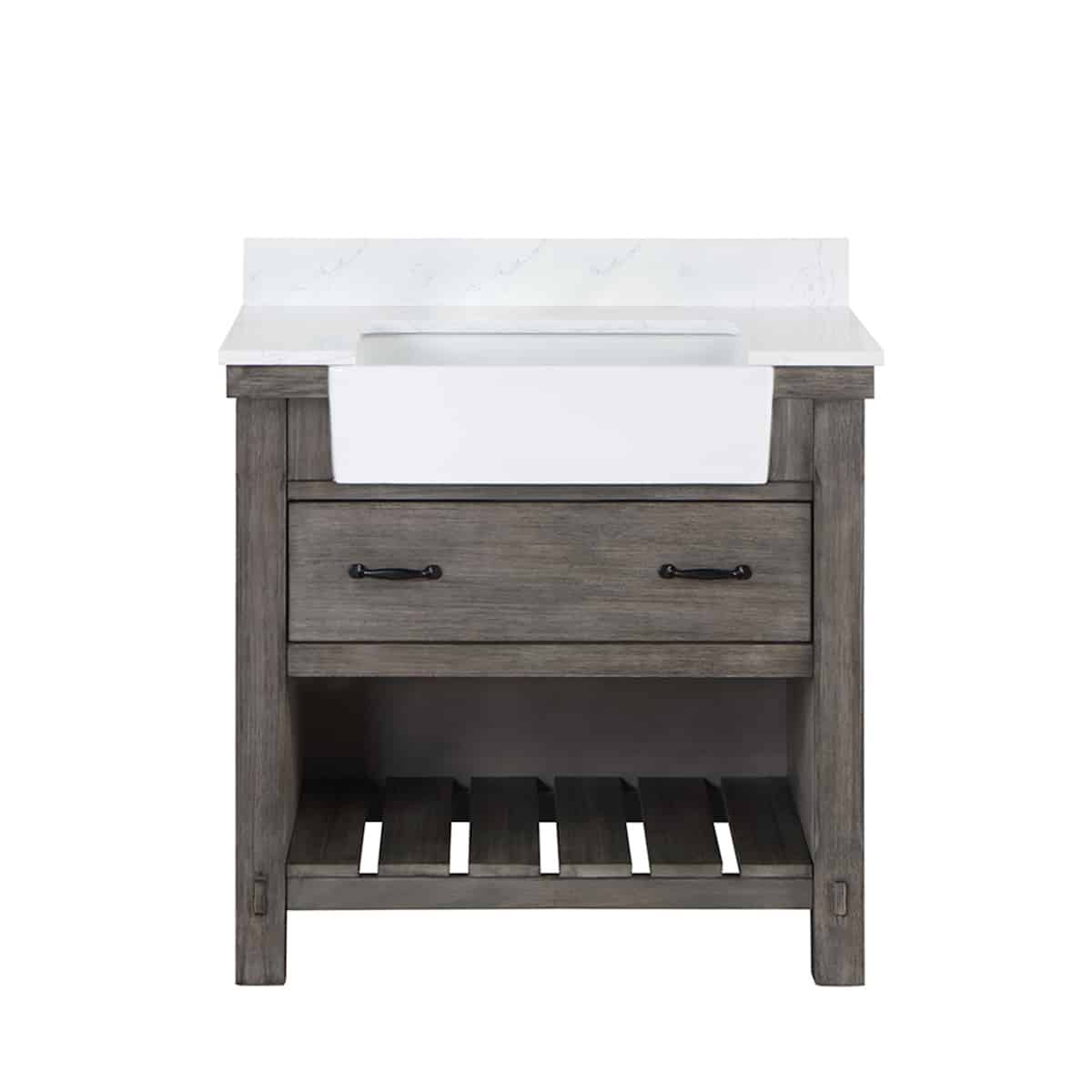 Vinnova Villareal 36 Inch Freestanding Single Bath Vanity in Classical Grey with Composite Stone Top in White with White Farmhouse Basin Without Mirror 701636-CR-GW-NM
