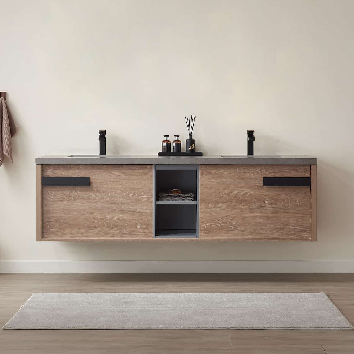 Vinnova Carcastillo 72 Inch Wall Mount Double Sink Bath Vanity in North American Oak with Grey Sintered Stone Top Without Mirror in Bathroom 703272-NO-WK-NM #mirror_without mirror