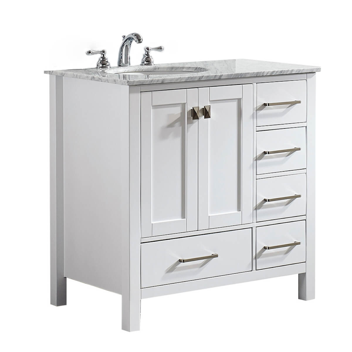 Vinnova Gela 36" White Freestanding Single Vanity with Carrara White Marble Countertop Angle 723036-WH-CA-NM