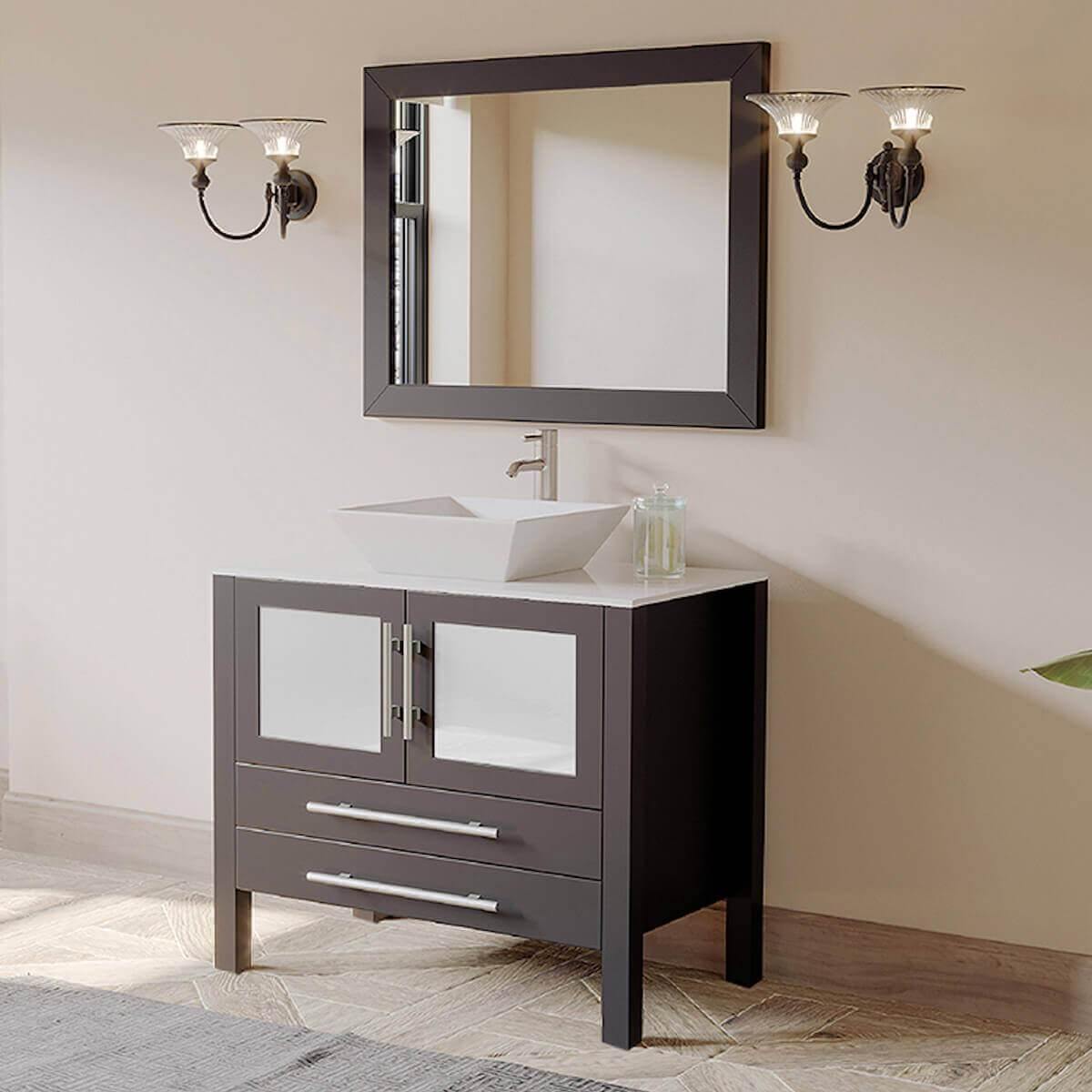 Cambridge Plumbing 36" Espresso Solid Wood & Porcelain Single Vessel Sink Vanity Set with Brushed Nickel Plumbing 8111-BN in Bathroom