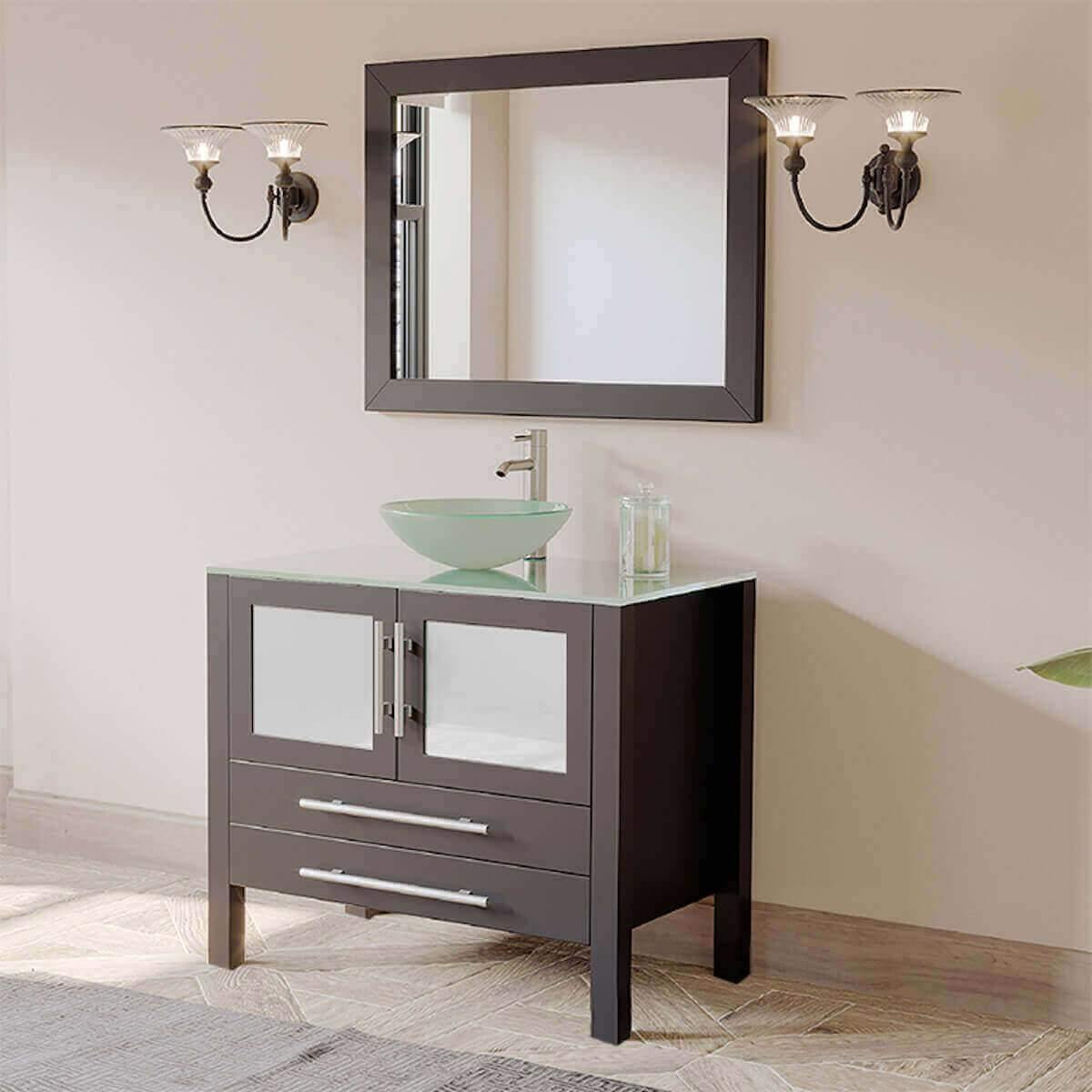 Cambridge Plumbing 36" Espresso Solid Wood Glass Vessel Sink Set with Brushed Nickel Plumbing 8111-B-BN in Bathroom