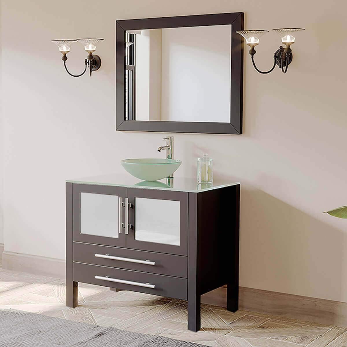 Cambridge Plumbing 36" Espresso Solid Wood Glass Vessel Sink Set with Polished Chrome Plumbing 8111-B in Bathroom