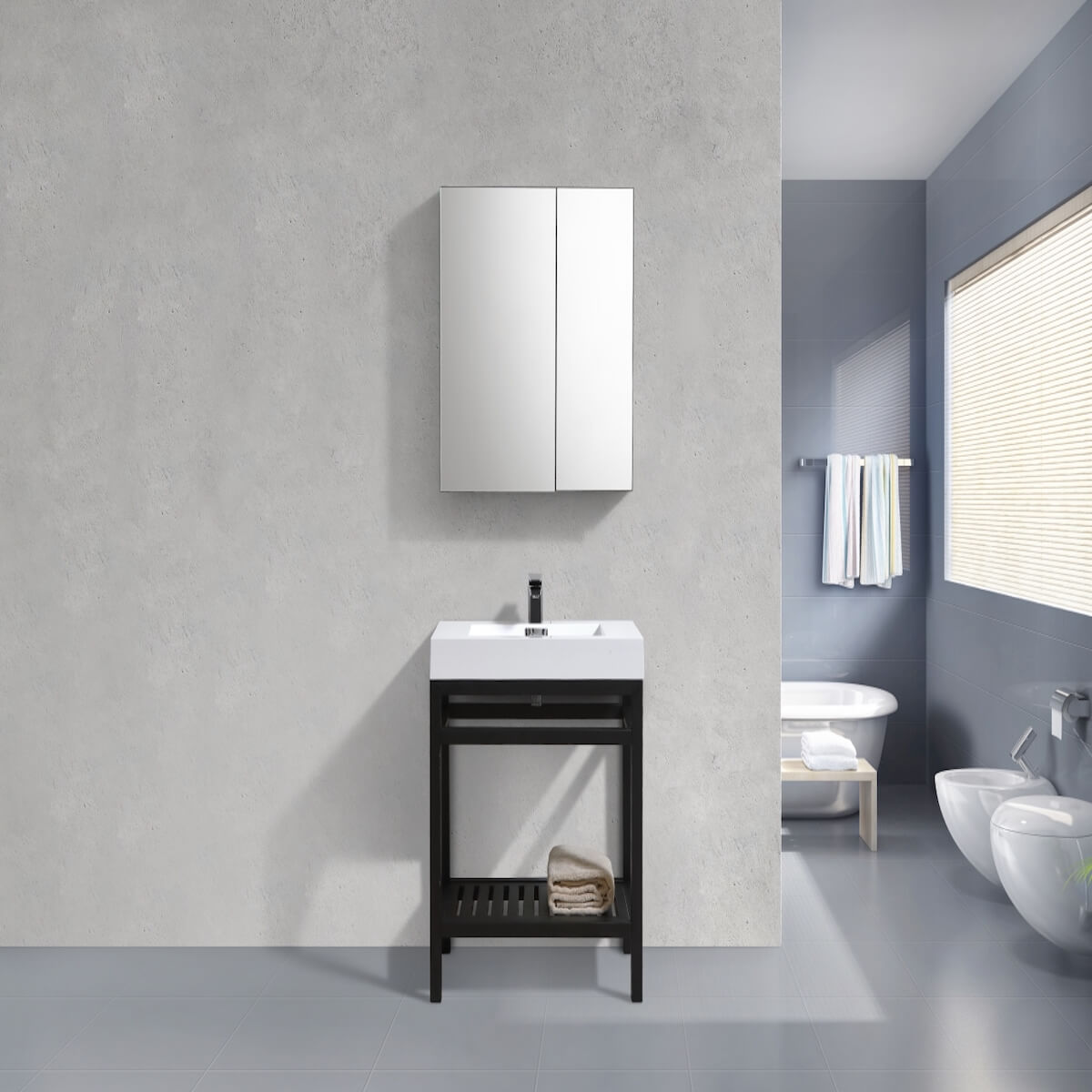 KubeBath Cisco 30” Matt Black Stainless Steel Console with Acrylic Sink AC30-BK in Bathroom