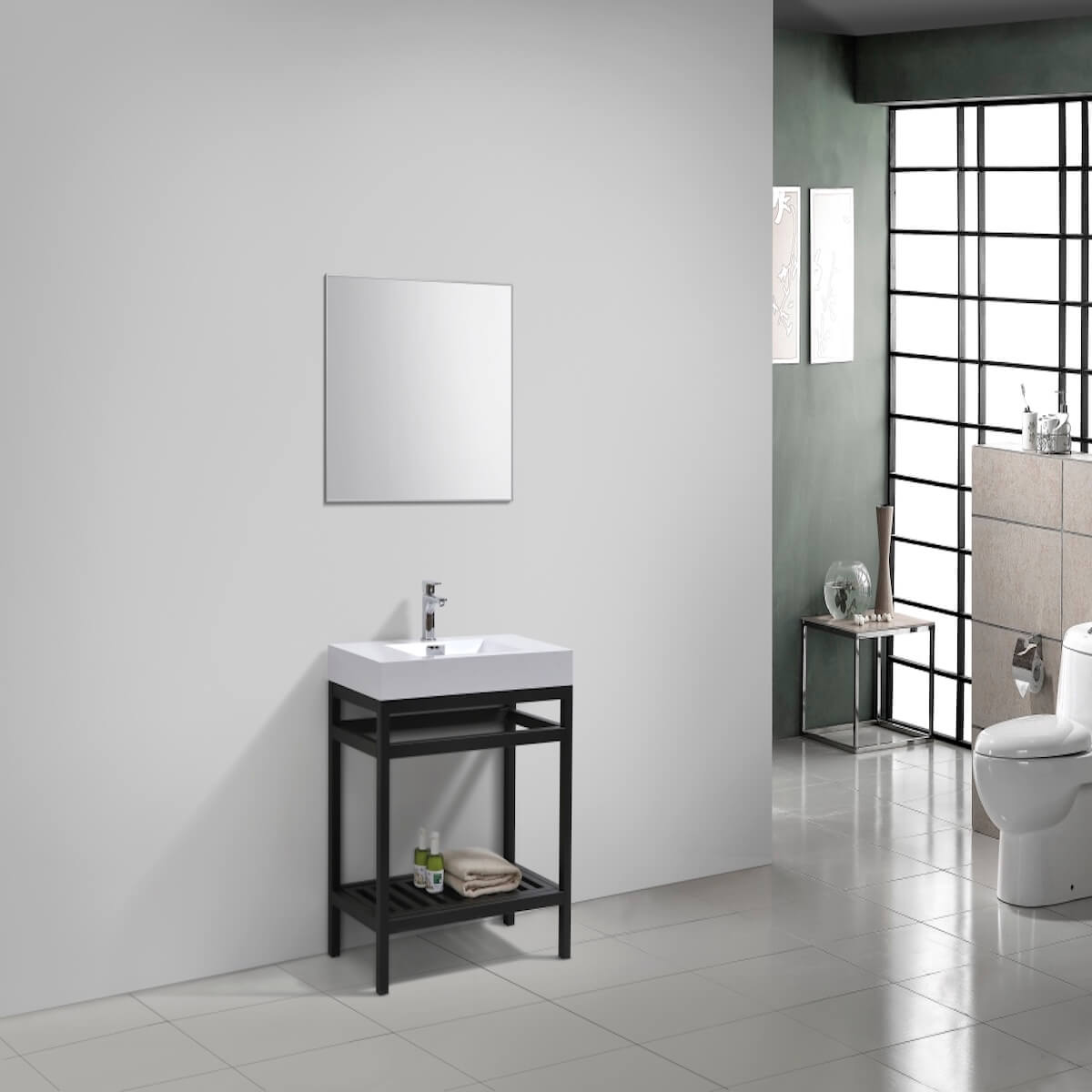 KubeBath Cisco 36” Matt Black Stainless Steel Console with Acrylic Sink AC36-BK in Bathroom