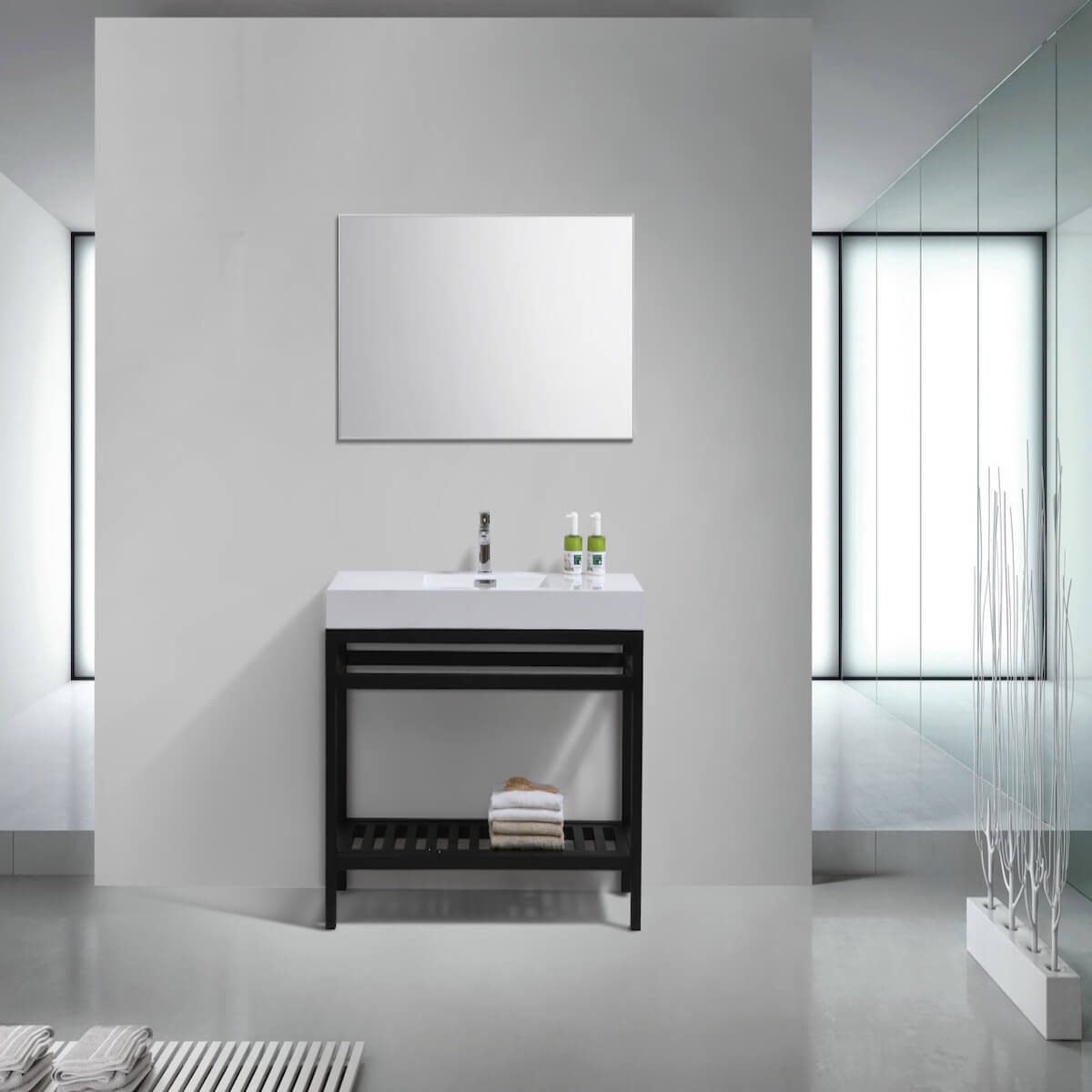 KubeBath Cisco 48” Matt Black Stainless Steel Console with Acrylic Sink AC48-BK in Bathroom