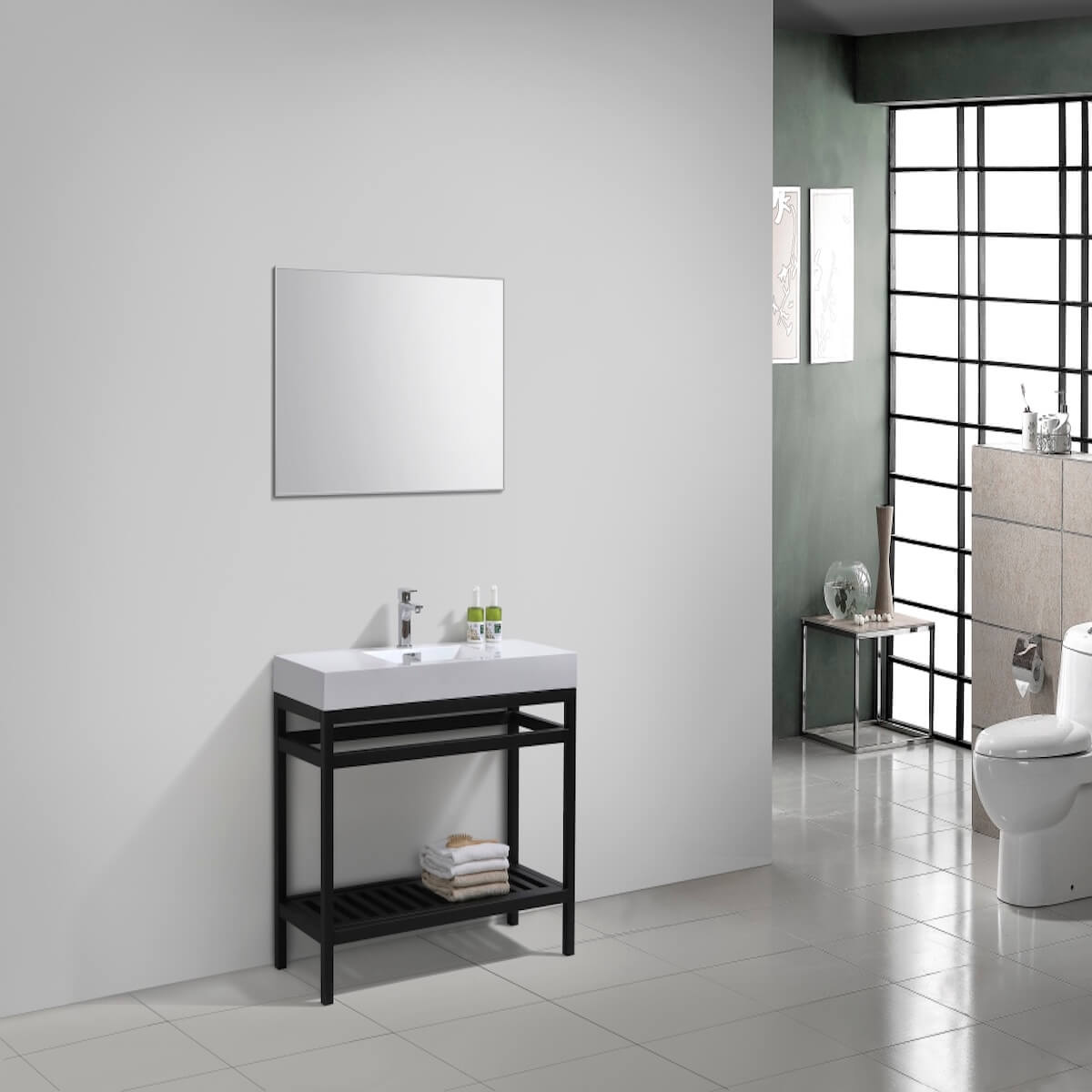 KubeBath Cisco 48” Matt Black Stainless Steel Console with Acrylic Sink AC48-BK in Bathroom