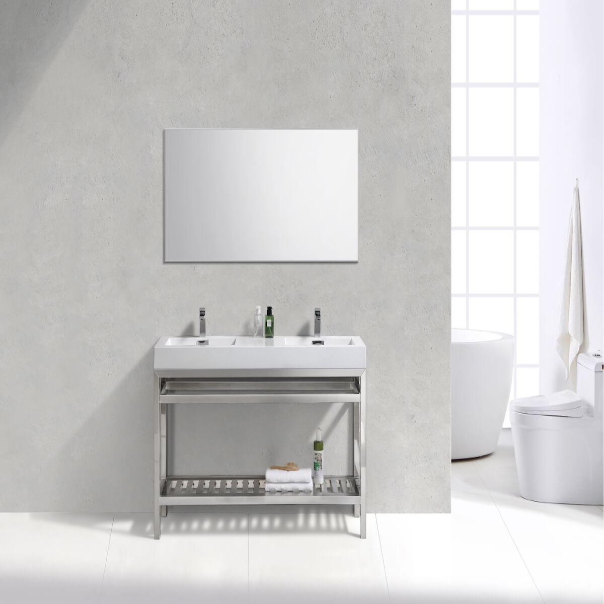 KubeBath Cisco 60” Chrome Stainless Steel Double Sink Console Vanity with Acrylic Sink AC60D in Bathroom