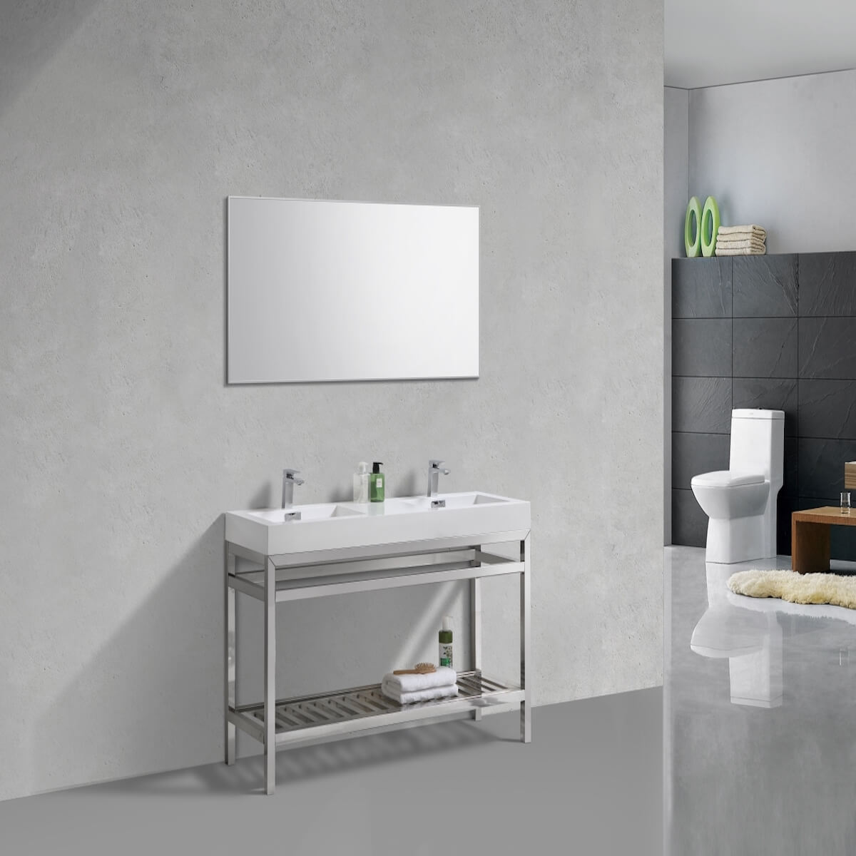 KubeBath Cisco 60” Chrome Stainless Steel Double Sink Console Vanity with Acrylic Sink AC60D in Bathroom
