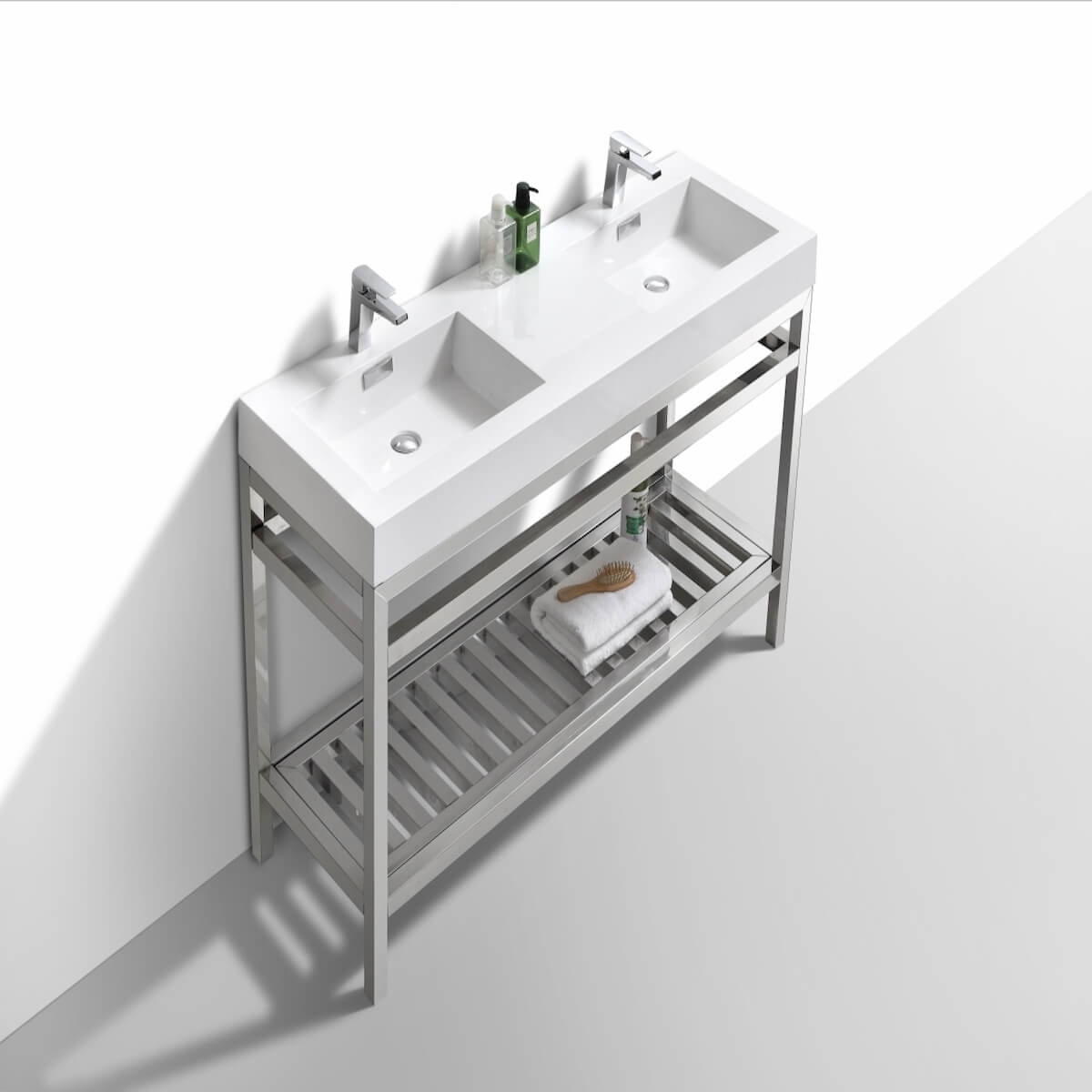 KubeBath Cisco 60” Chrome Stainless Steel Double Sink Console Vanity with Acrylic Sink AC60D Side