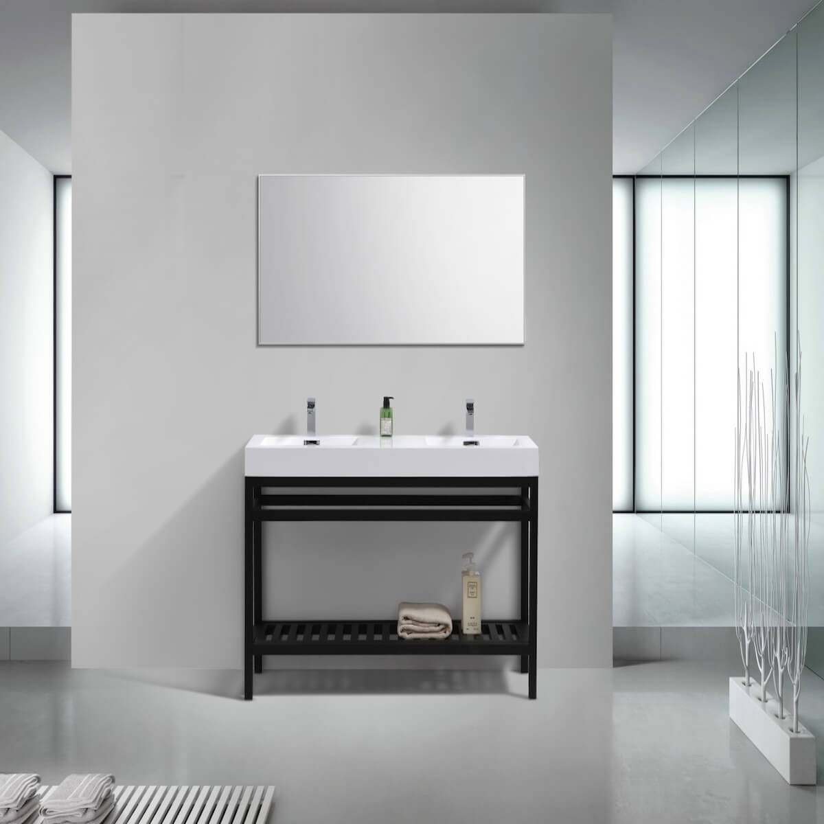 KubeBath Cisco 60” Matt Black Stainless Steel Double Sink Console with Acrylic Sink AC60D-BK in Bathroom