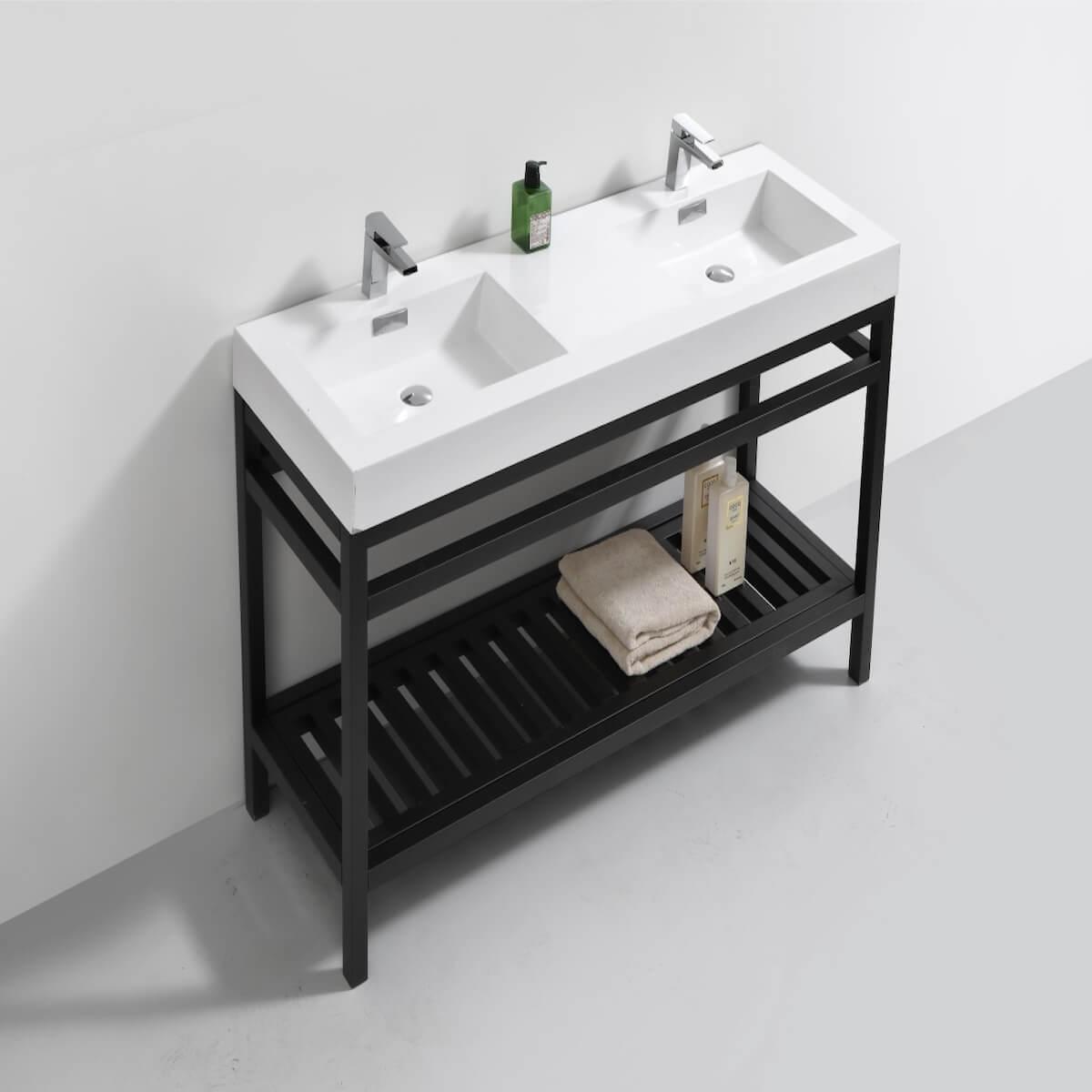 KubeBath Cisco 60” Matt Black Stainless Steel Double Sink Console with Acrylic Sink AC60D-BK Side