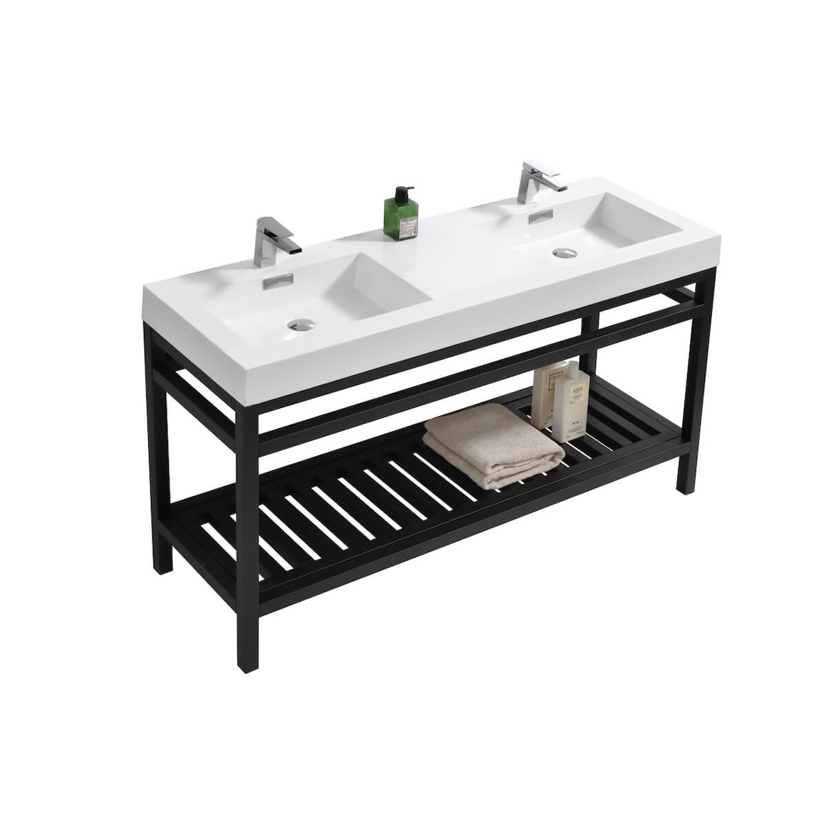 KubeBath Cisco 60” Matt Black Stainless Steel Double Sink Console with Acrylic Sink AC60D-BK