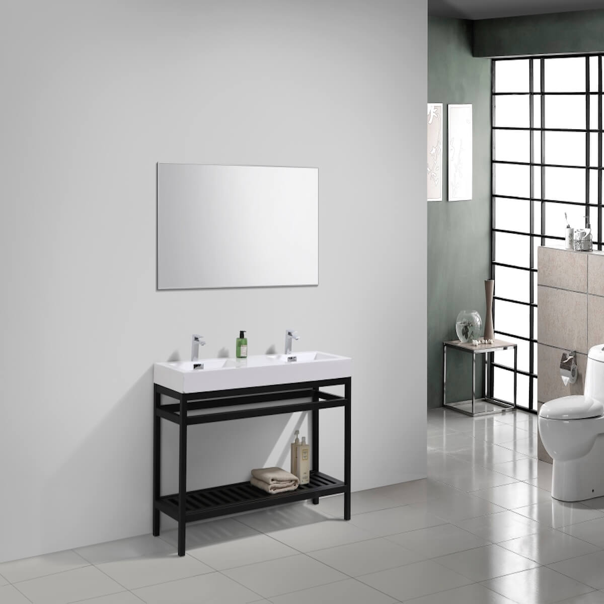 KubeBath Cisco 60” Matt Black Stainless Steel Double Sink Console with Acrylic Sink AC60D-BK in Bathroom