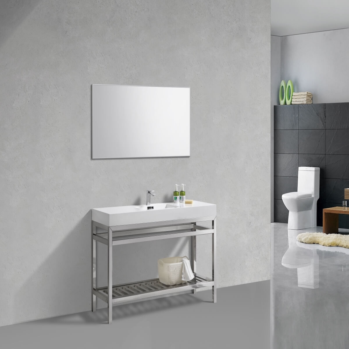 KubeBath Cisco 60” Chrome Stainless Steel Single Sink Console Vanity with Acrylic Sink AC60S in Bathroom