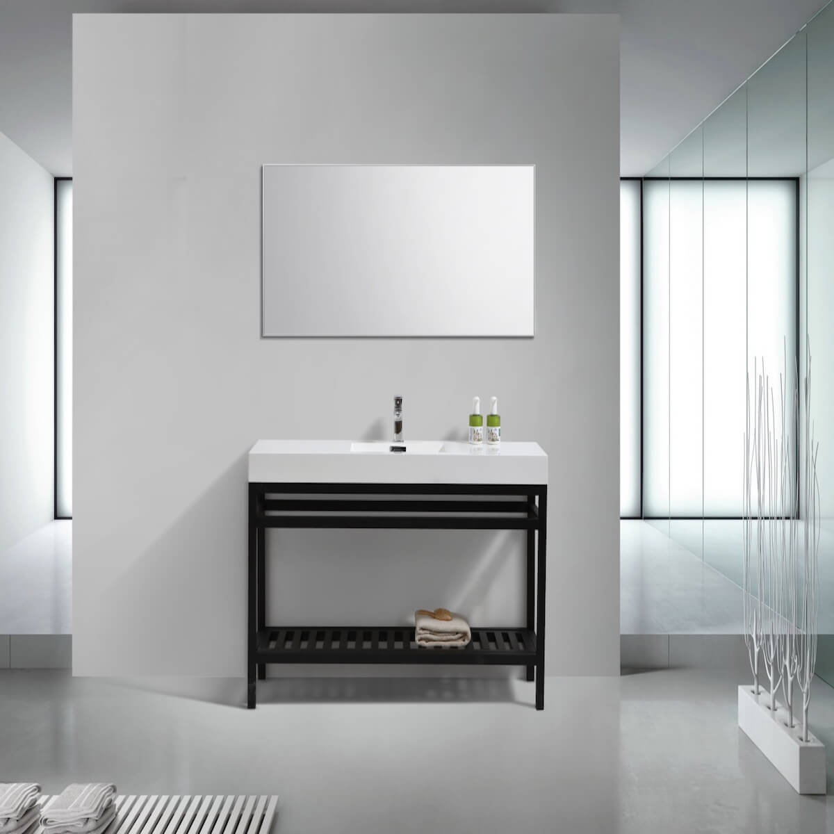 KubeBath Cisco 60” Matt Black Stainless Steel Single Sink Console with Acrylic Sink AC60S-BK in Bathroom