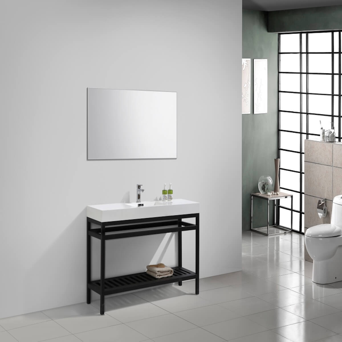 KubeBath Cisco 60” Matt Black Stainless Steel Single Sink Console with Acrylic Sink AC60S-BK in Bathroom