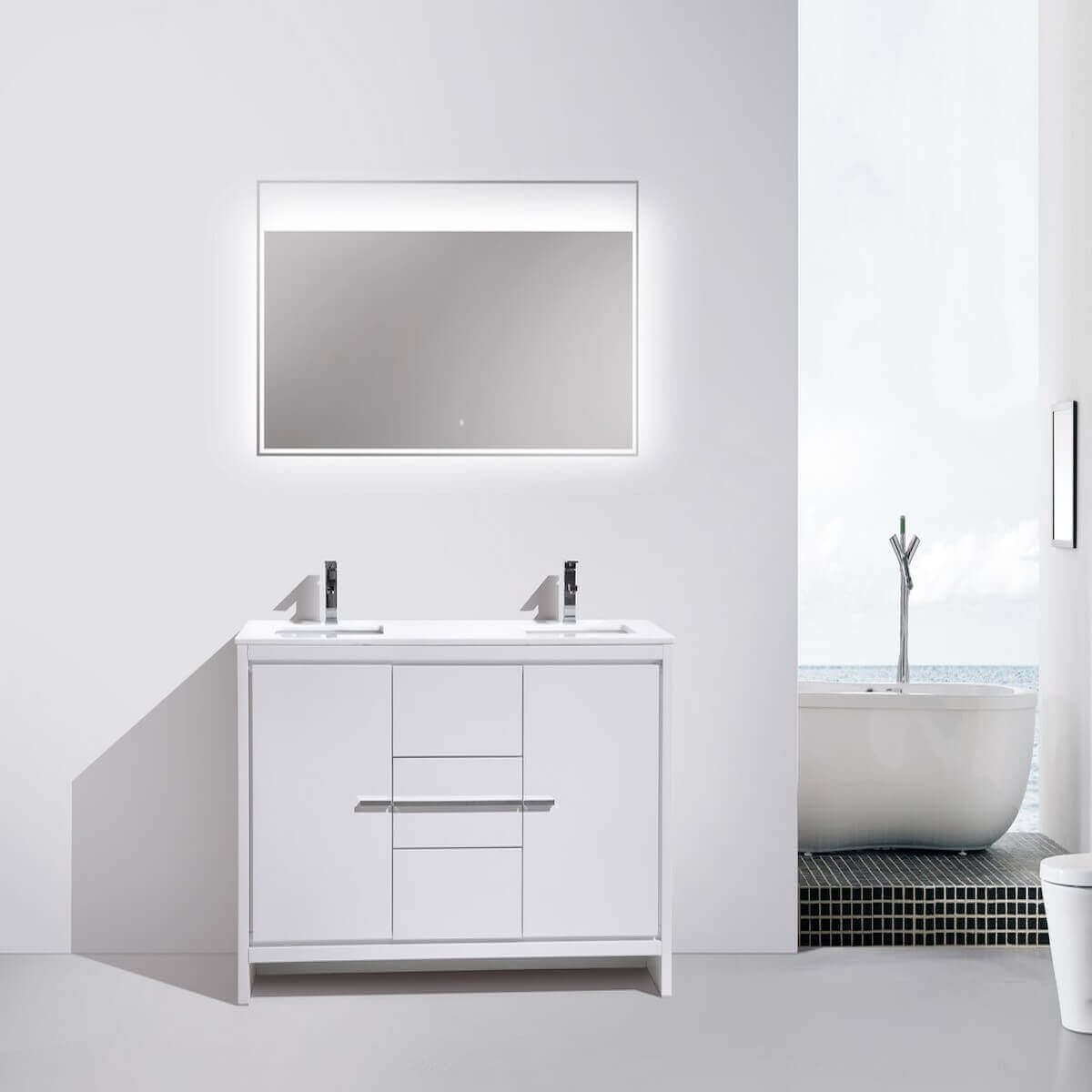 KubeBath Dolce 60" Gloss White Freestanding Double Vanity with Quartz Countertop AD660DGW in Bathroom #finish_high gloss white