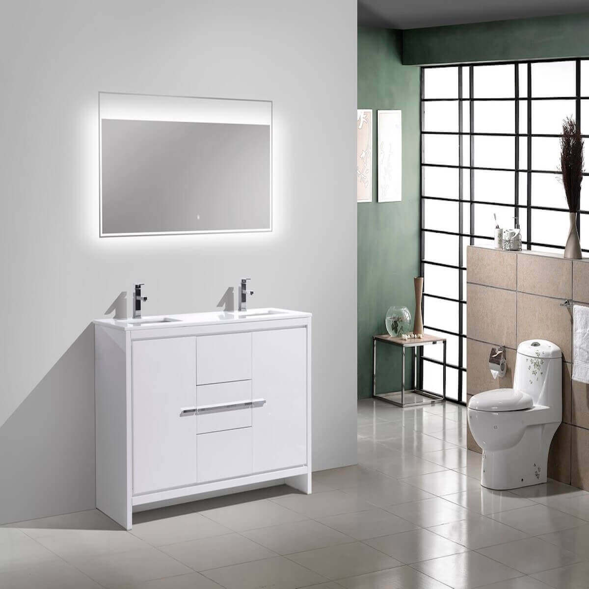 KubeBath Dolce 60" Gloss White Freestanding Double Vanity with Quartz Countertop AD660DGW in Bathroom #finish_high gloss white