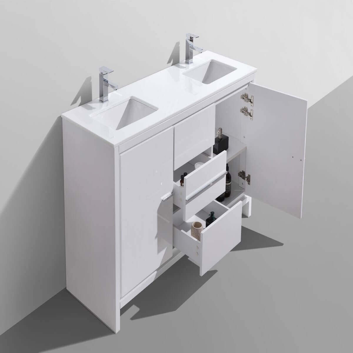 KubeBath Dolce 60" Gloss White Freestanding Double Vanity with Quartz Countertop AD660DGW Open Drawers and Cabinet #finish_high gloss white