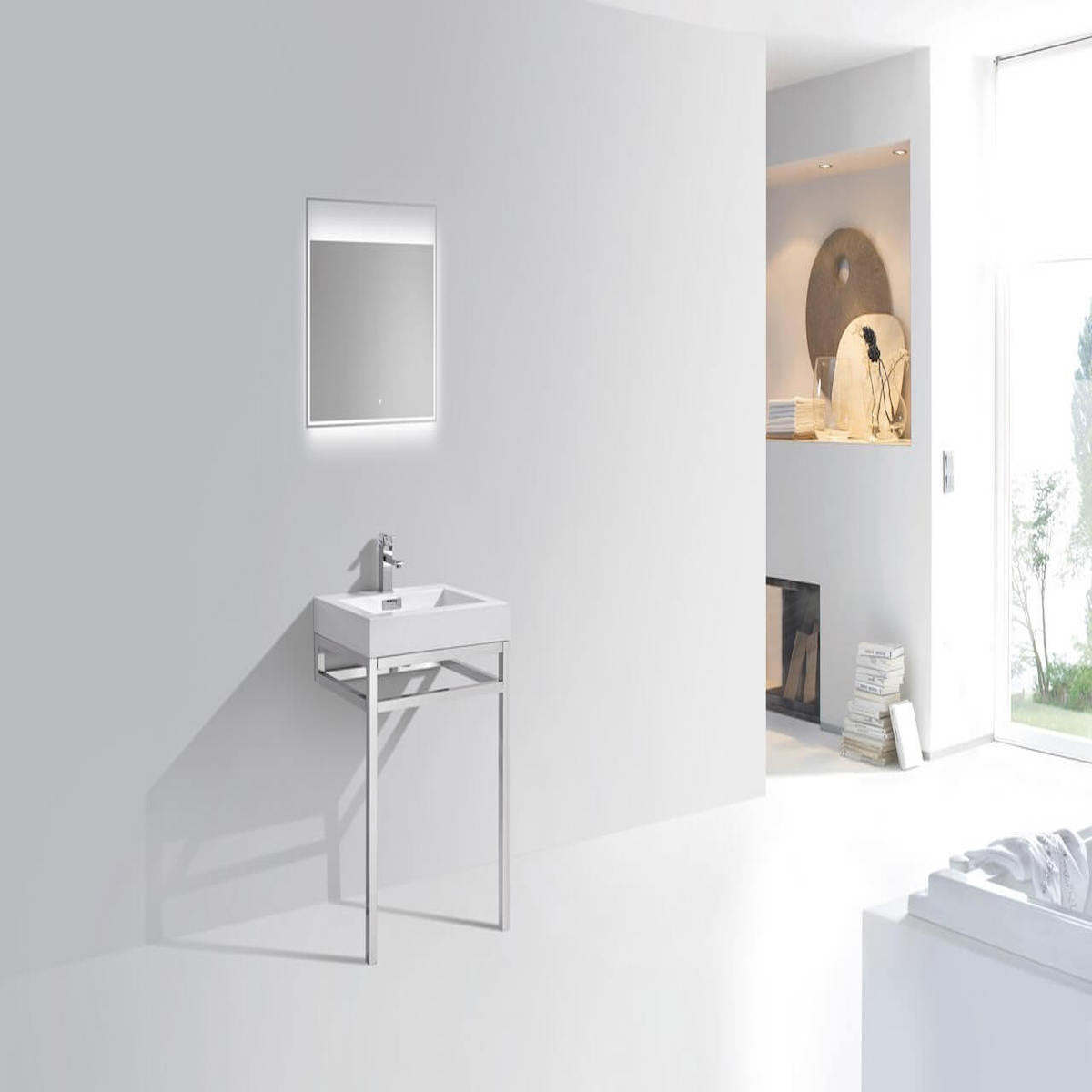 KubeBath Haus 24” Stainless Steel Console with While Acrylic Sink in Bathroom