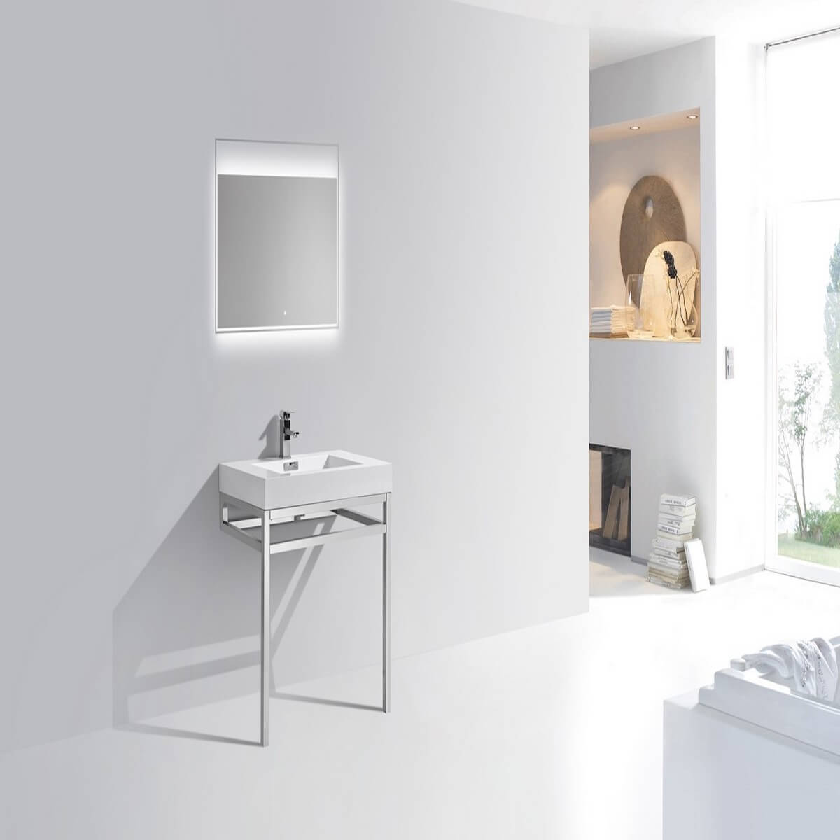 KubeBath Haus 30” Stainless Steel Console with While Acrylic Sink CH30 in Bathroom