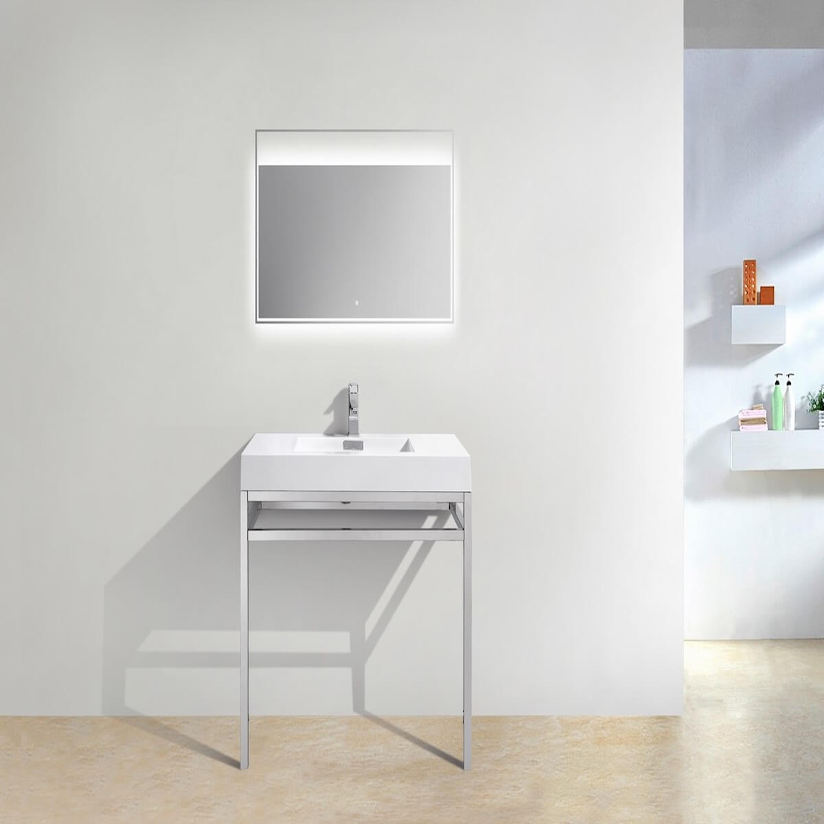 KubeBath Haus 36” Stainless Steel Console with While Acrylic Sink CH36 in Bathroom