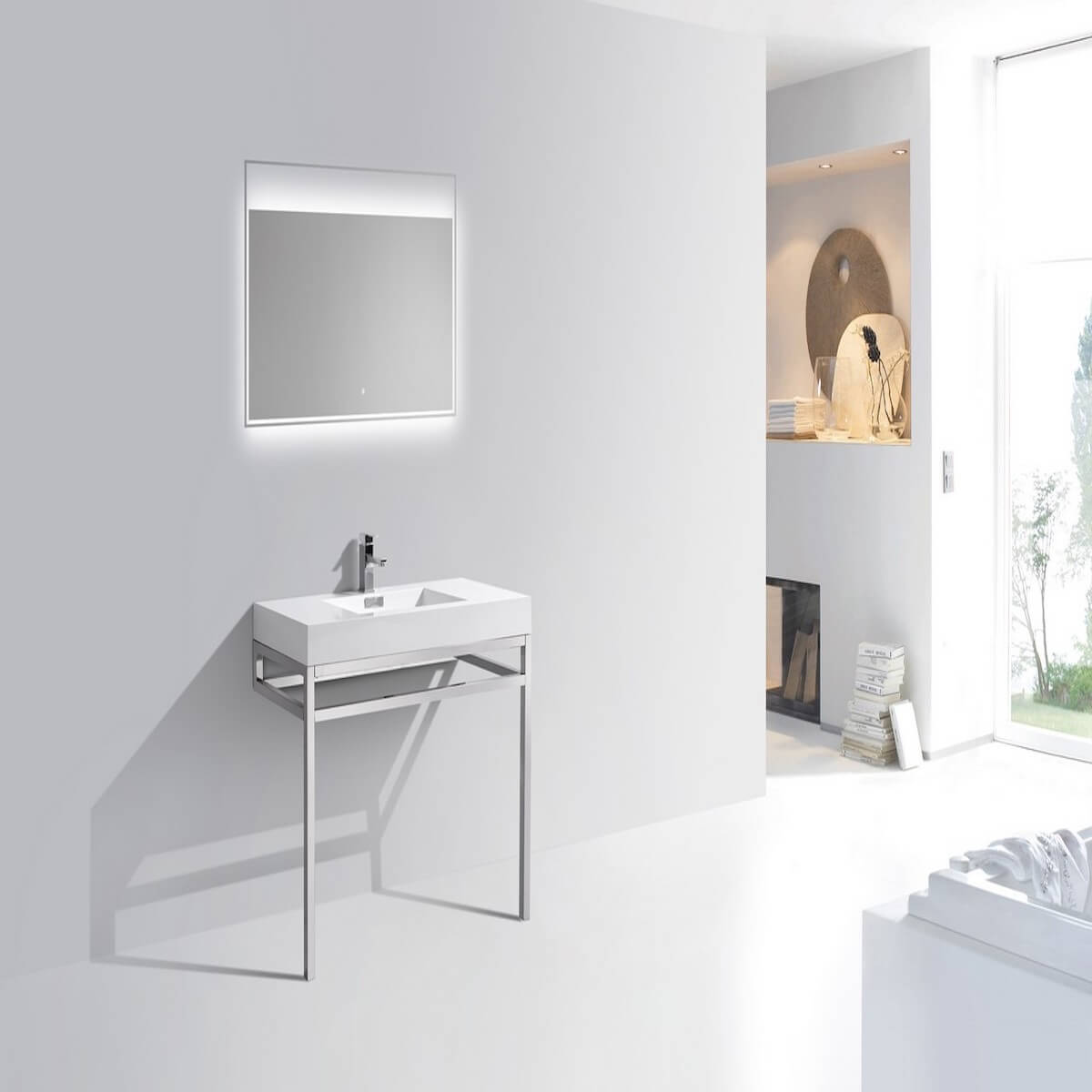 KubeBath Haus 40” Stainless Steel Console with While Acrylic Sink CH40 in Bathroom