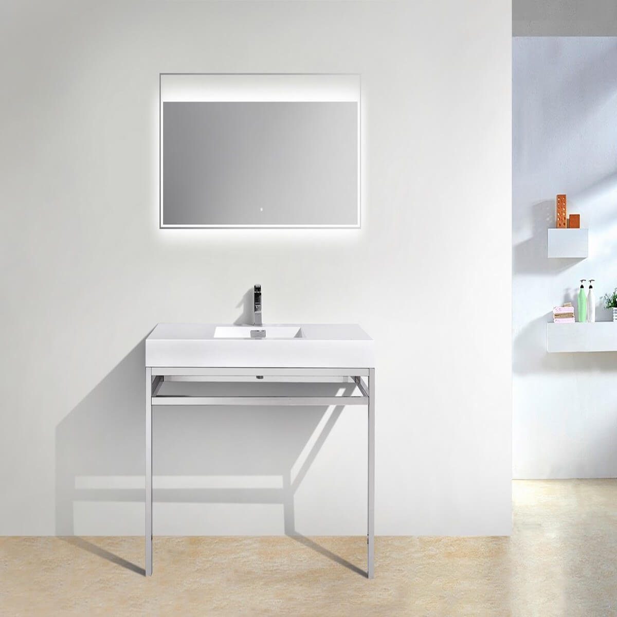 KubeBath Haus 48” Stainless Steel Console with While Acrylic Sink CH48 in Bathroom