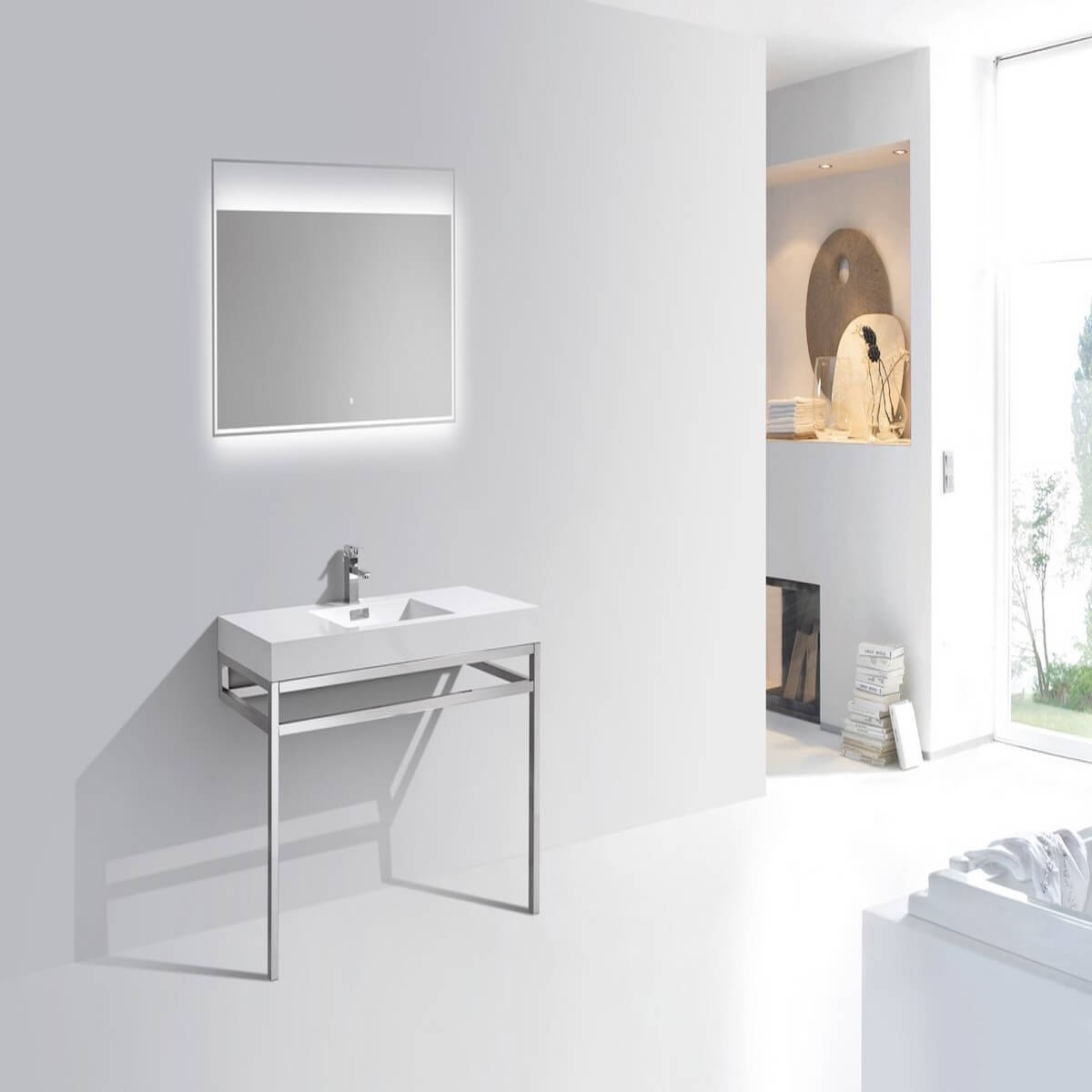 KubeBath Haus 48” Stainless Steel Console with While Acrylic Sink CH48 in Bathroom