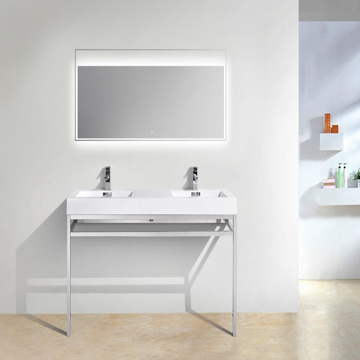 KubeBath Haus 60” Double Sink Stainless Steel Console with While Acrylic Sink CH60D in Bathroom