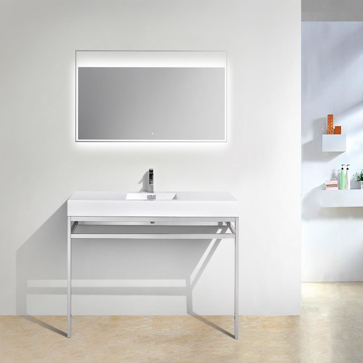 KubeBath Haus 60” Single Sink Stainless Steel Console with While Acrylic Sink CH60S in Bathroom