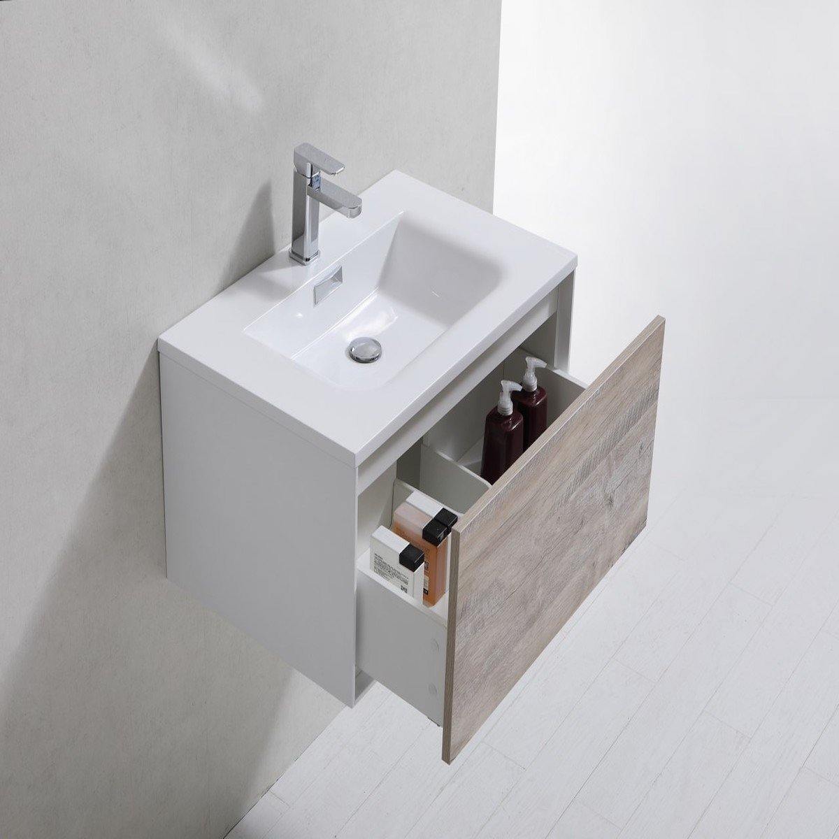 KubeBath Divario 30" Nature Wood Wall Mount Modern Bathroom Single Vanity D30-NW Open Drawer