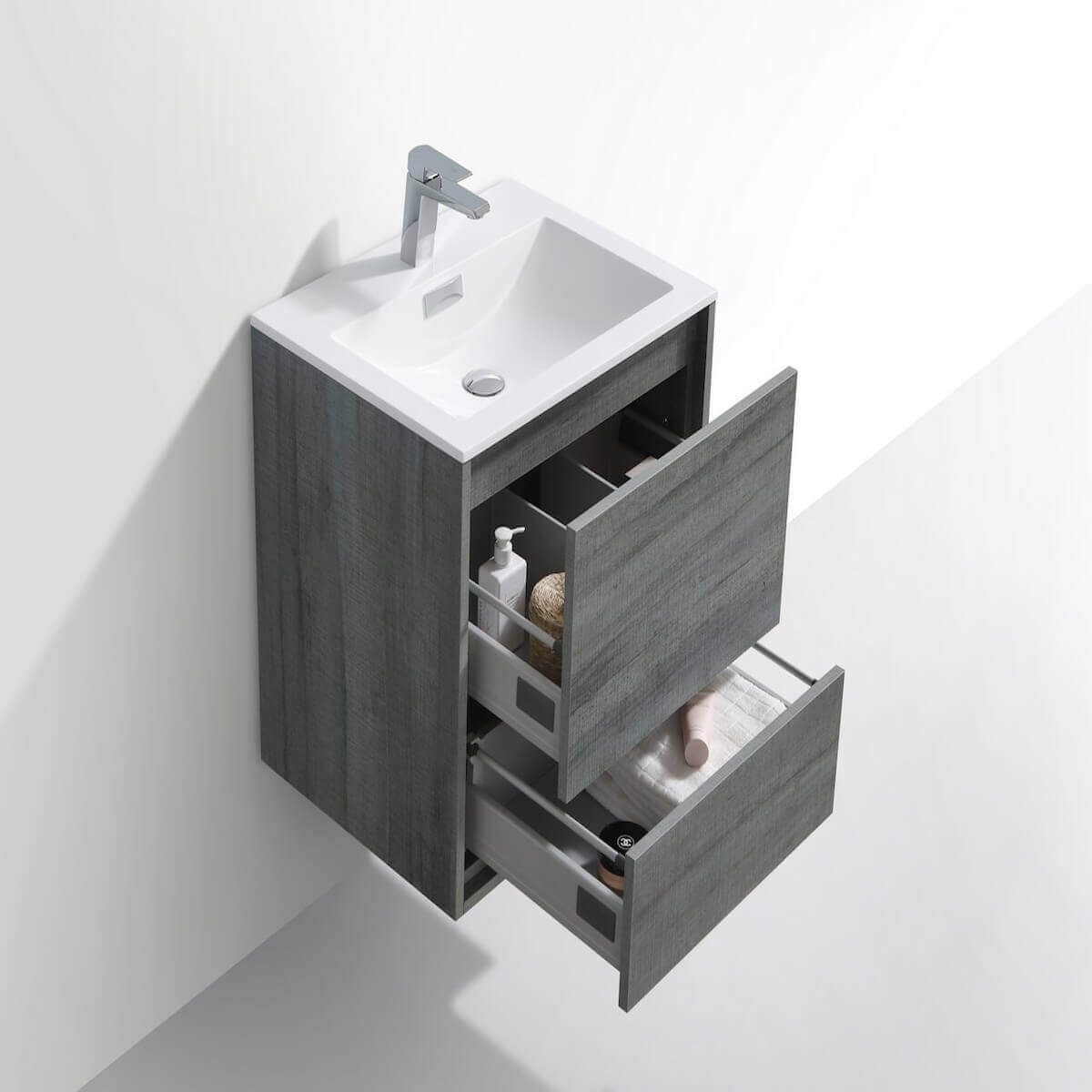 KubeBath DeLusso 24" Ocean Gray Wall Mount Single Vanity DL24-BE Open Drawers #finish_ocean gray