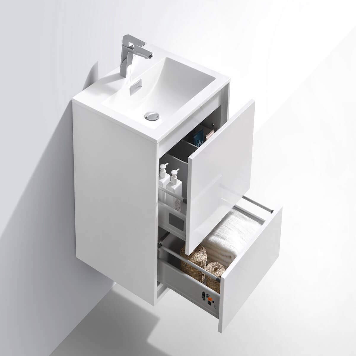 KubeBath DeLusso 24" Gloss White Wall Mount Single Vanity DL24-GW Open Drawers #finish_high gloss white