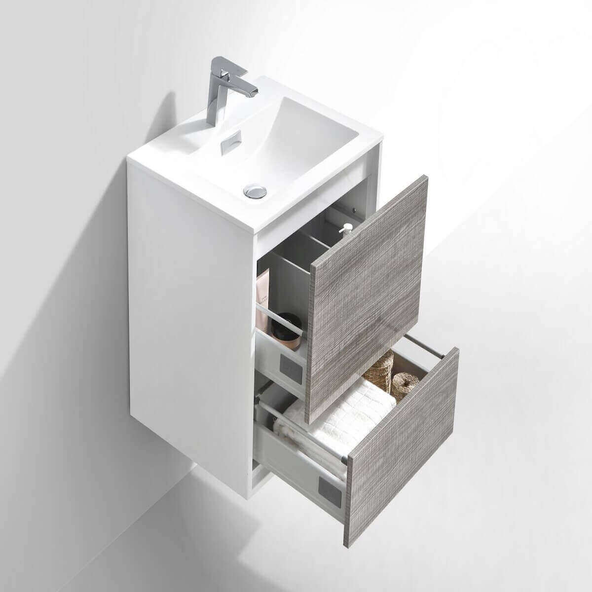 KubeBath DeLusso 24" Ash Gray Wall Mount Single Vanity DL24-HGASH Open Drawers #finish_ash gray
