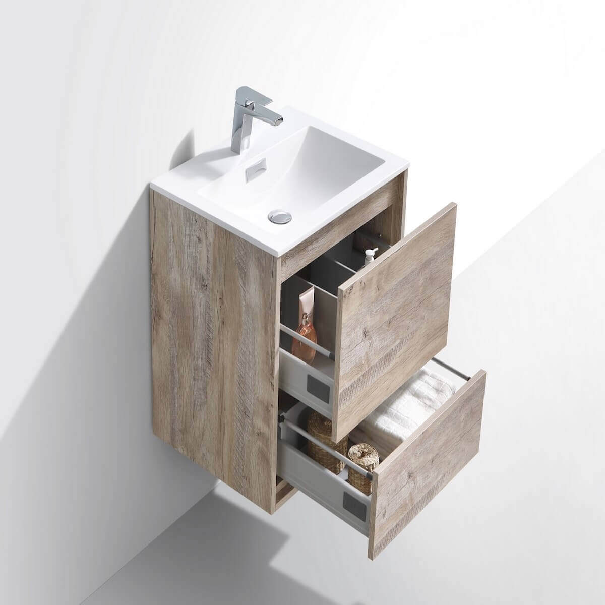 KubeBath DeLusso 24" Nature Wood Wall Mount Single Vanity DL24-NW Open Drawers #finish_nature wood