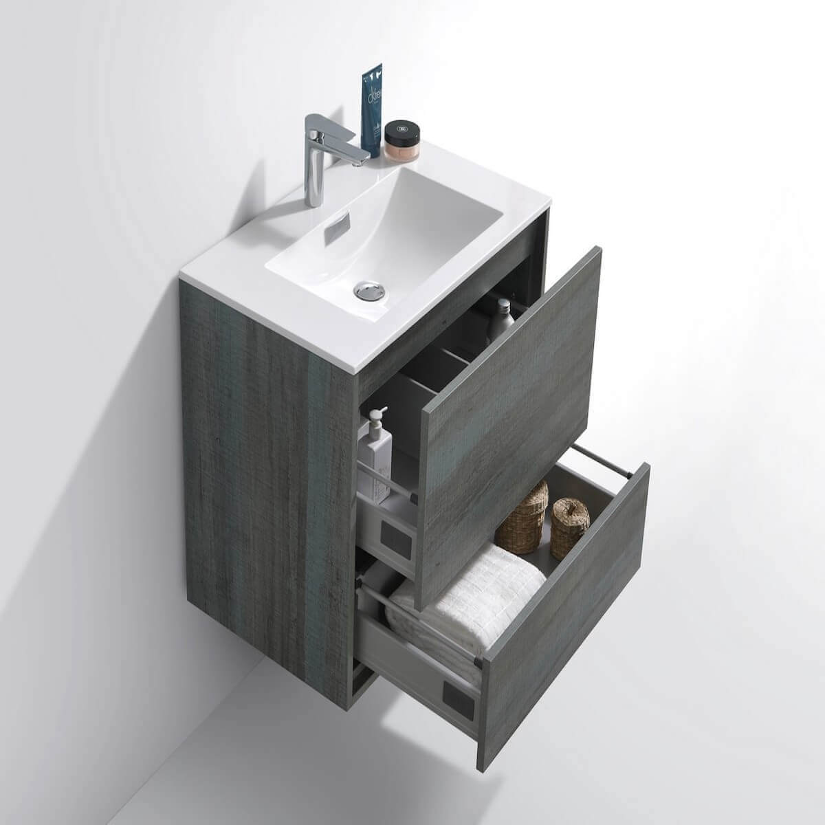 KubeBath DeLusso 30" Ocean Gray Wall Mount Single Vanity DL30-BE Open Drawers #finish_ocean gray