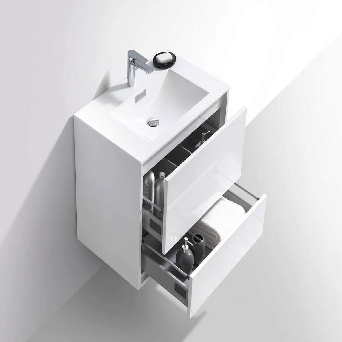 KubeBath DeLusso 30" Gloss White Wall Mount Single Vanity DL30-GW Open Drawers #finish_high gloss white