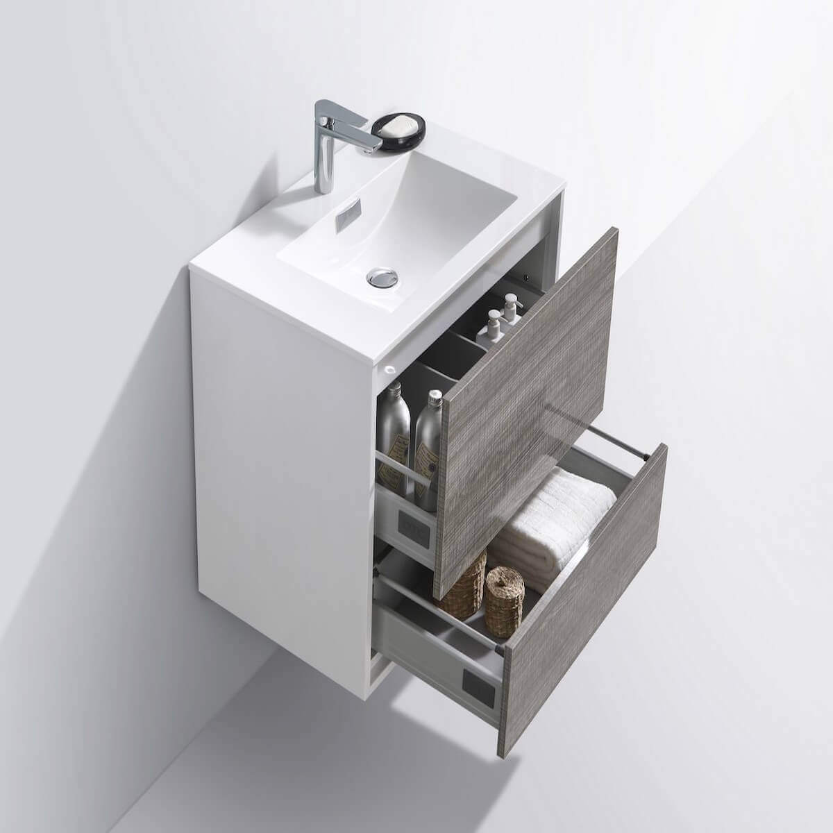 KubeBath DeLusso 30" Ash Gray Wall Mount Single Vanity DL30-HGASH Open Drawers #finish_ash gray